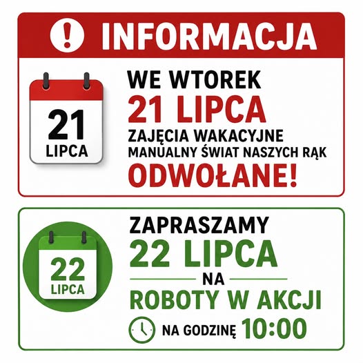 Ogłoszenie dotyczące zajęć wakacyjnych
