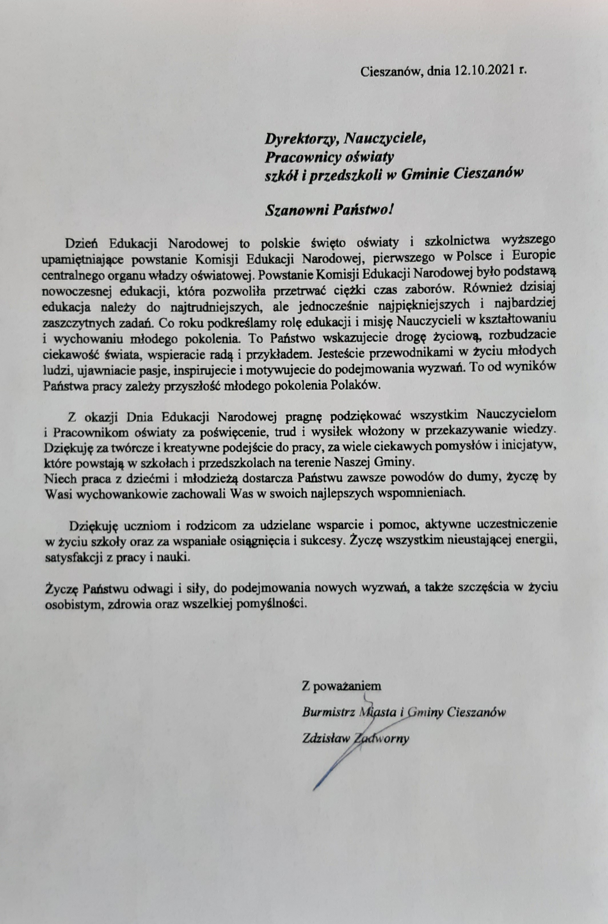 List Burmistrza MiG w Cieszanowie z okazji Dnia Edukacji Narodowej.