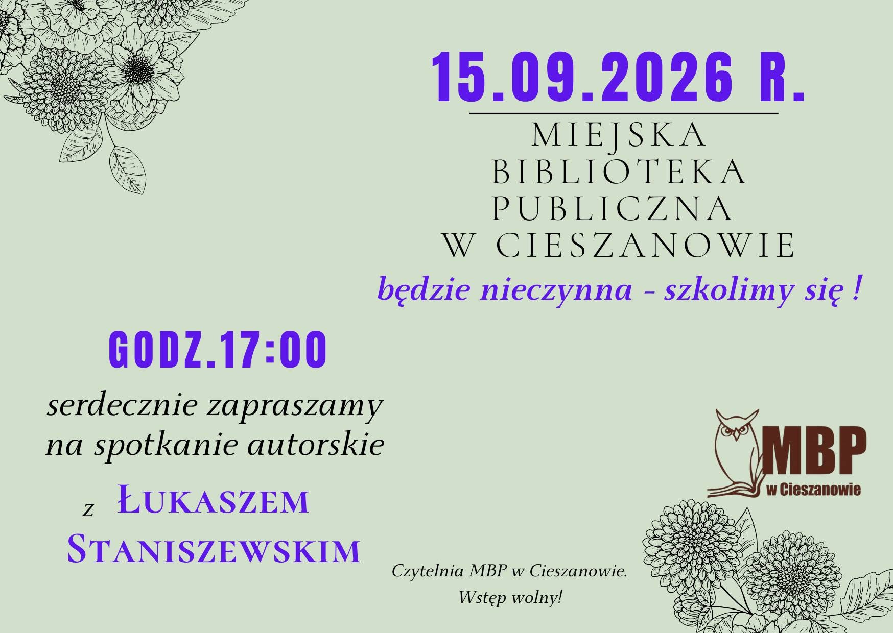 15.09.2026 r. - MBP w Cieszanowie będzie nieczynna 
