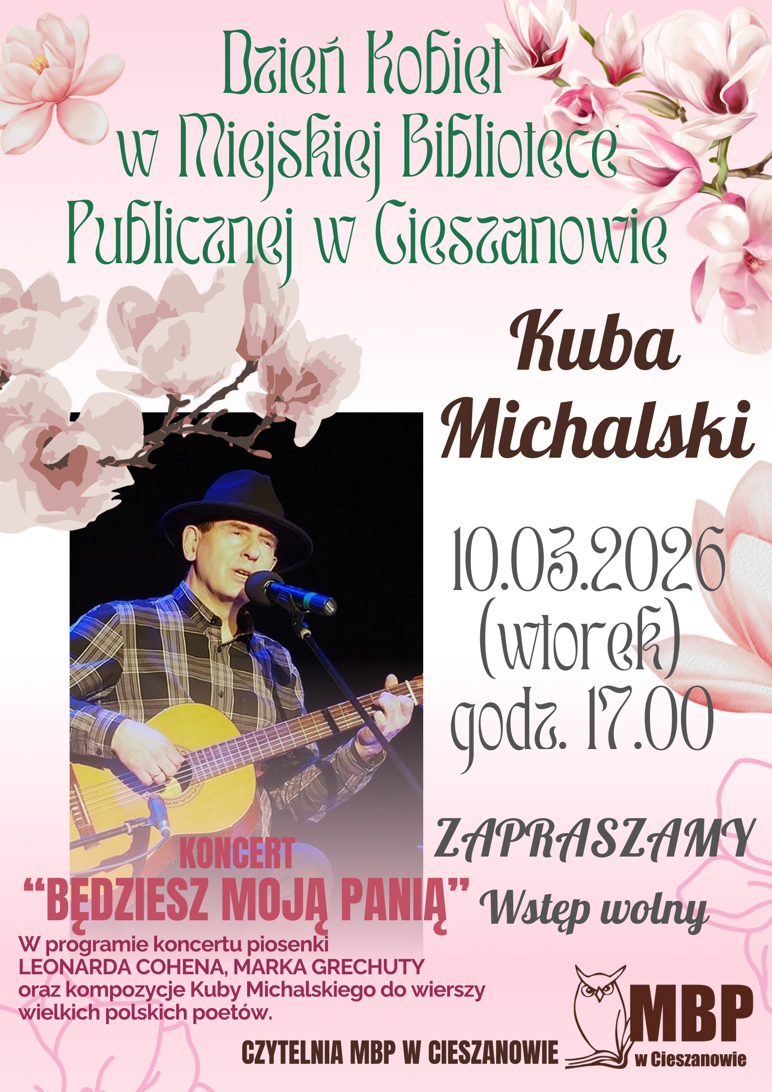 Dzień Kobiet w MBP w Cieszanowie - zapraszamy na koncert Kuby Michalskiego