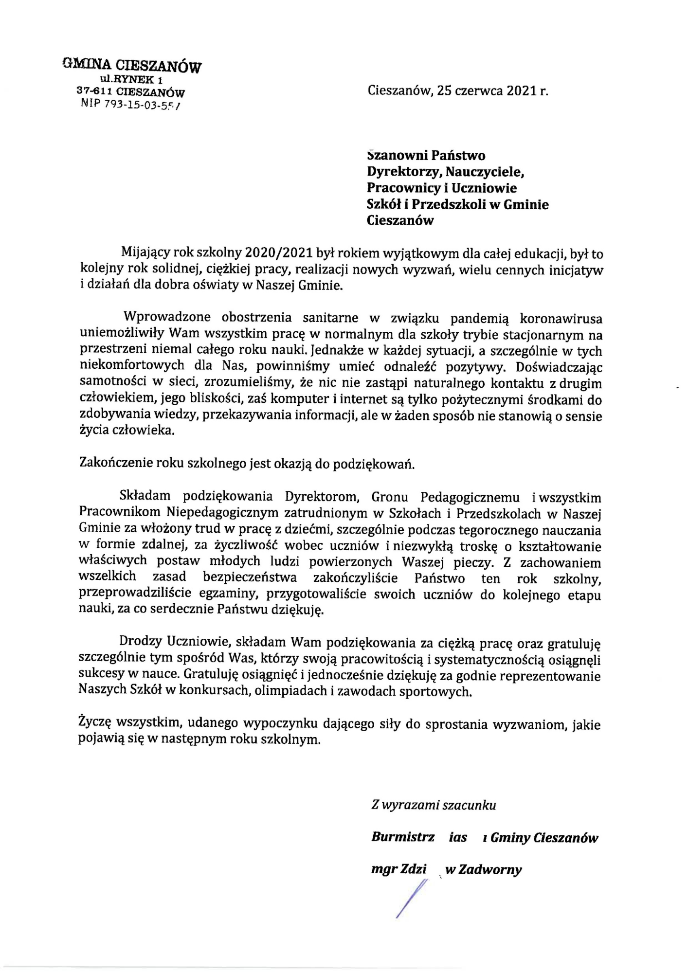 List Burmistrza Cieszanowa.